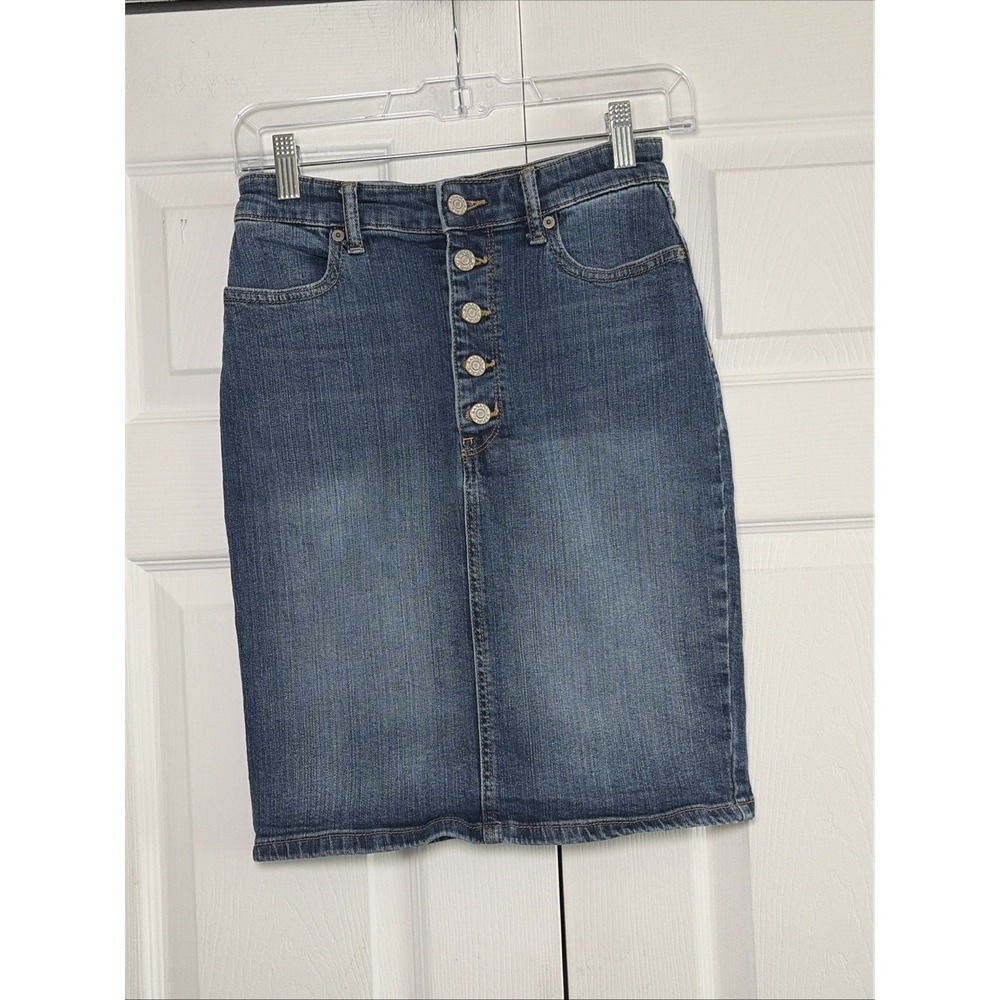 Banana Republic Button Fly Denim Pencil Skirt Womens Size 0 Blue Stretch Cotton